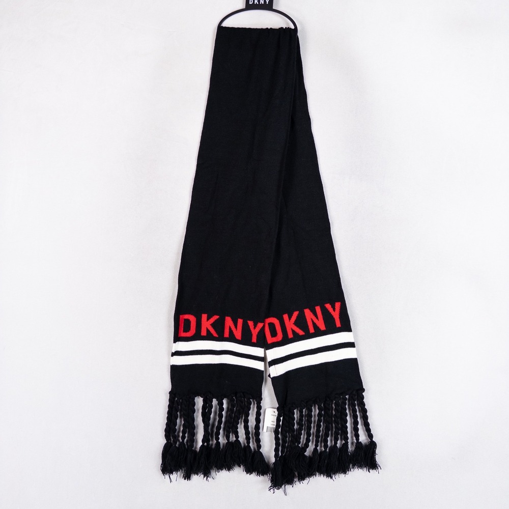 DKNY Women Scarf One Size Black Red Logo Knit Braided Tassel Fringe Winter NEW